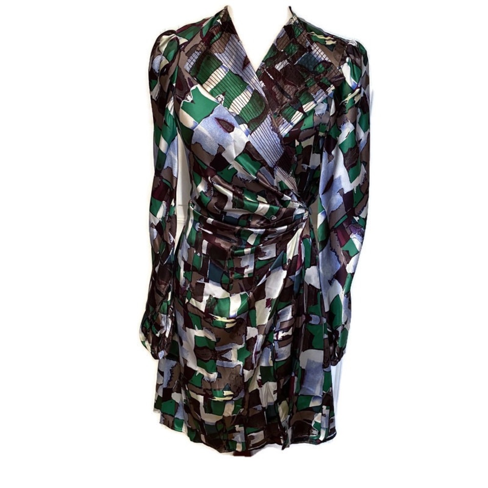 CATHERINE MALANDRINO DRESS NEW WRAP LAZARO GRAY BLACK WHITE PRINT Size 6